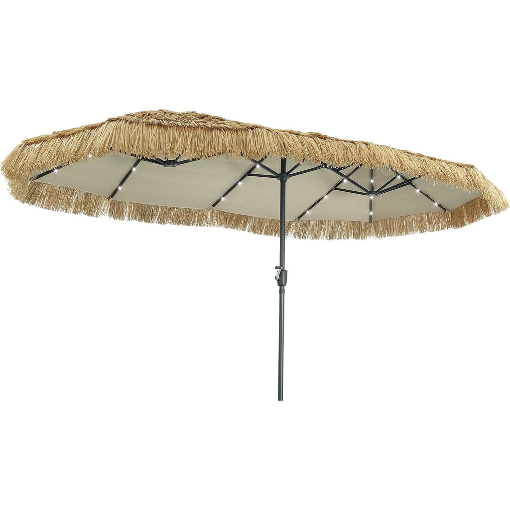 13ft Large Thatched Tiki Patio Umbrella with Solar LED Lights