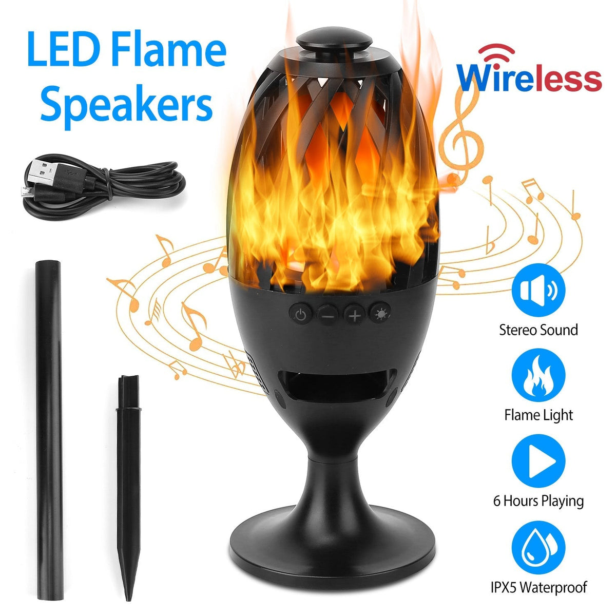 LED Flame Speakers Torch Wireless Speaker Waterproof Stereo Bass Speaker Outdoor