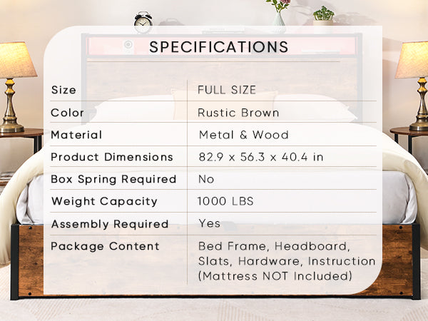Elevating storage bed frame, full-size bed frame with bookshelf headboard and LED lights