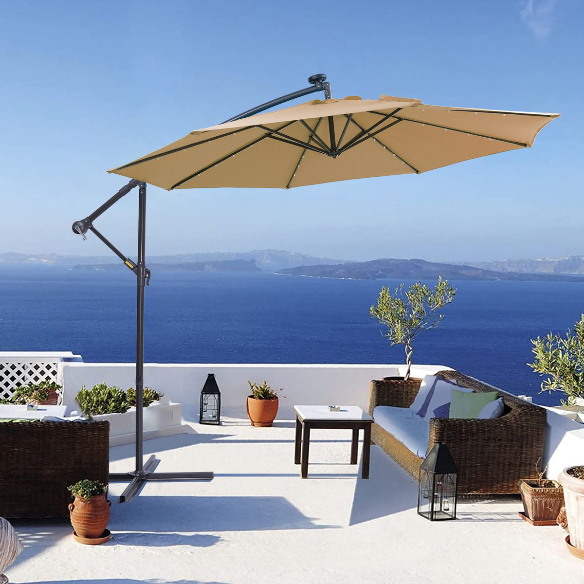 10 FT Solar LED Patio Outdoor Umbrella Hanging Cantilever Umbrella Offset Umbrella