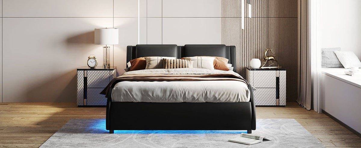 Queen Size Upholstered Faux Leather Platform Bed with LED Light Bed Frame