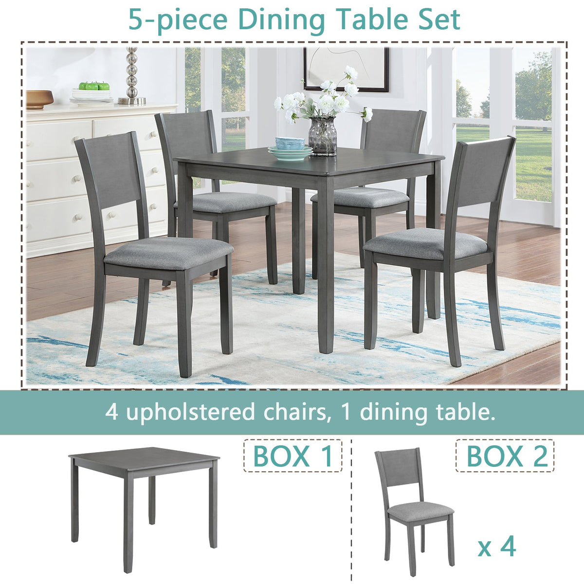 5 Piece Modern Dining Set, Square Wooden Dining Table with 4 Upholstered Chairs