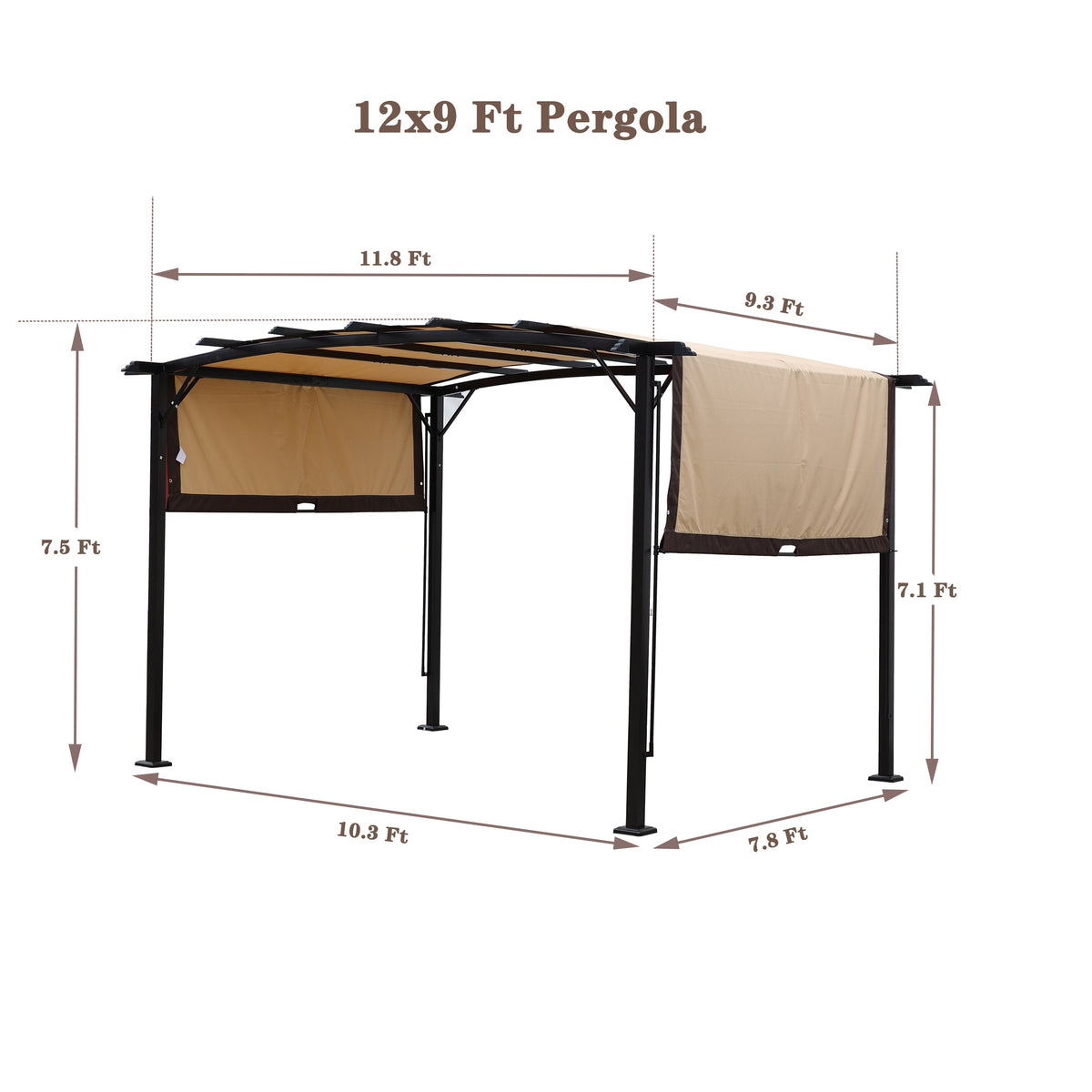 12 x 9 Ft Outdoor Pergola Patio Gazebo, Retractable Shade Canopy, Steel Frame