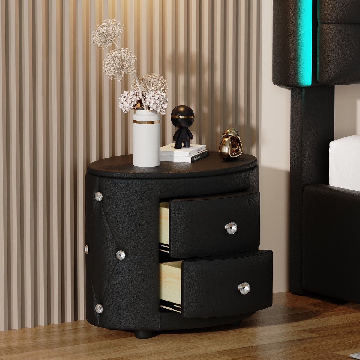 Elegant PU Nightstand with 2 Drawers and Crystal Handle, Easy Assembled