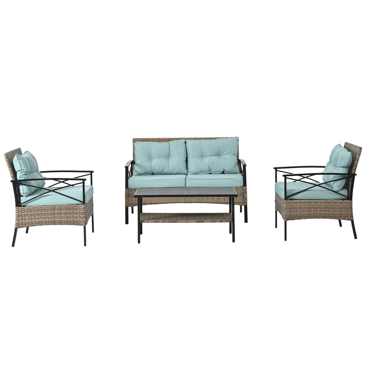 Patio Furniture, Four Set Wicker Furniture With Black Metal Table