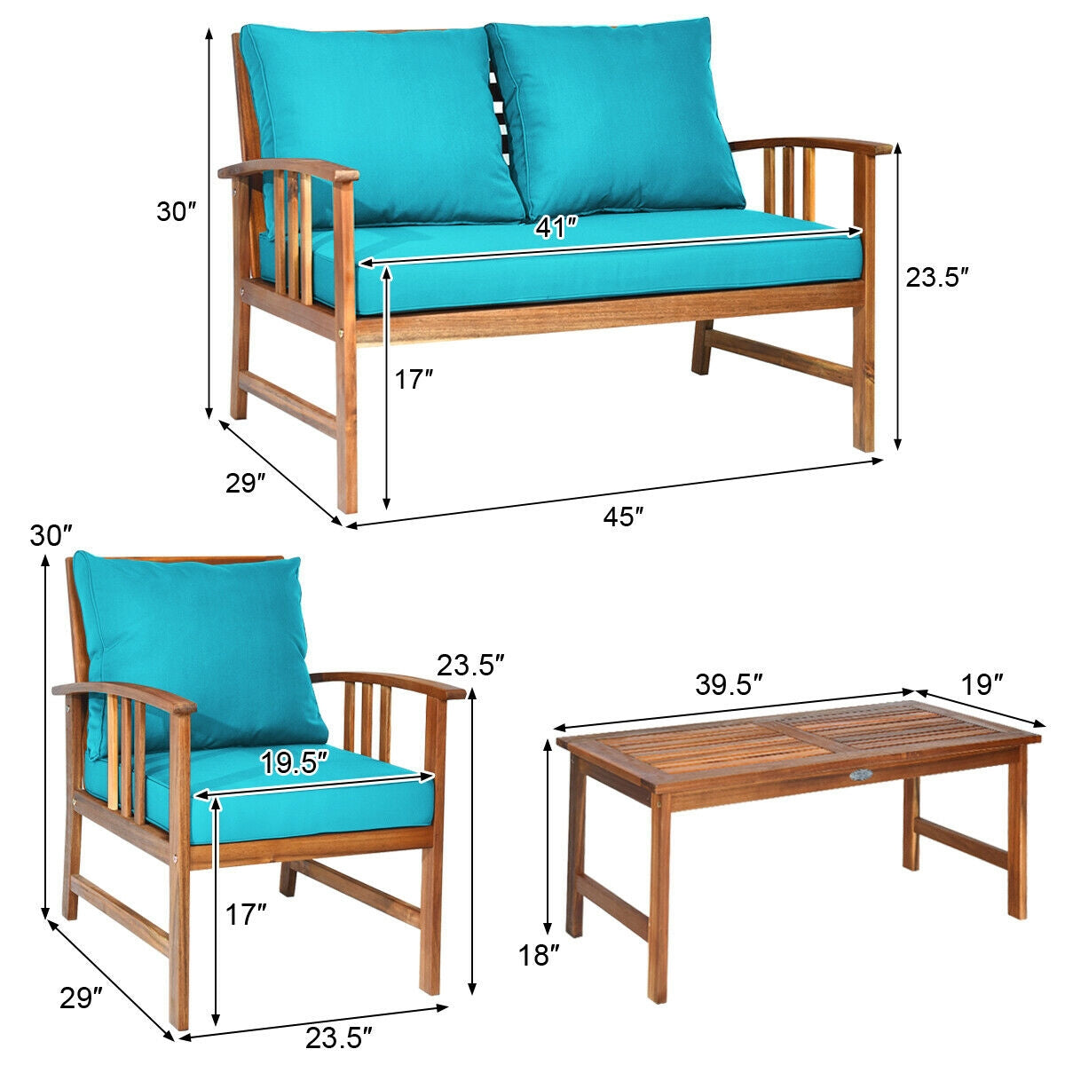 4 Pcs Wooden Patio Set Table Sofa Chair