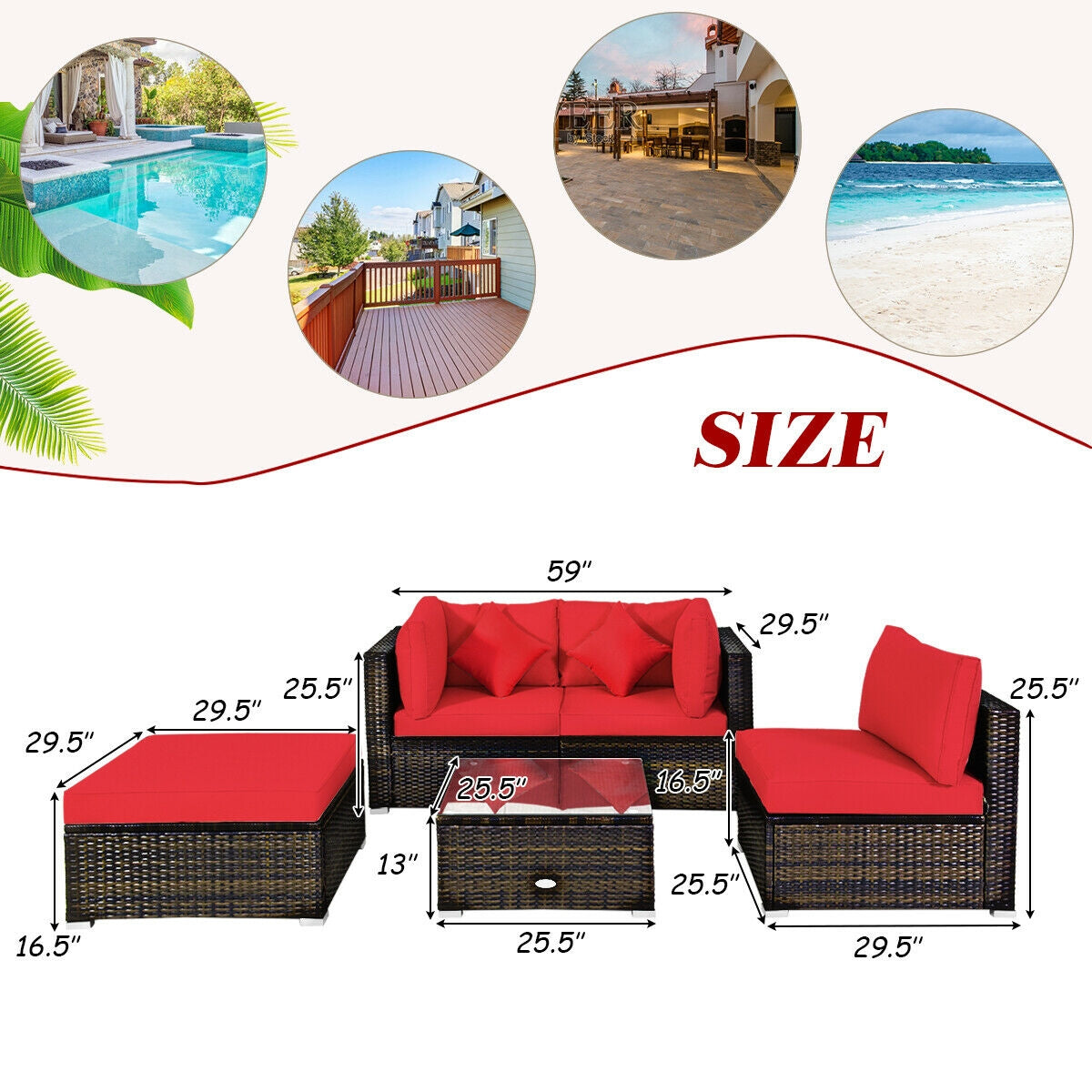 5 Pcs Patio Rattan Furniture Set, Sectional Navy Cushions-Turquoise