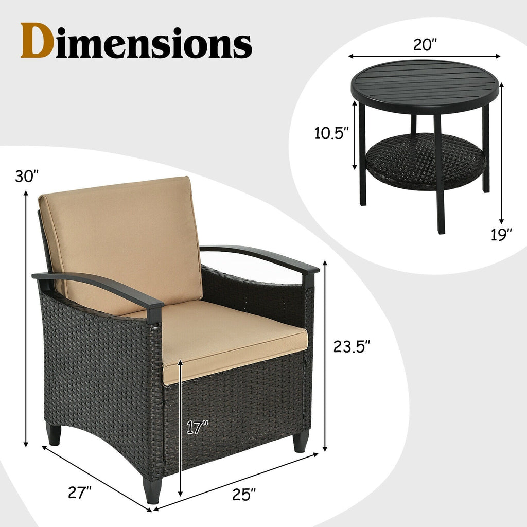 3 Pieces Patio Rattan Set Cushioned Sofa Storage Table with Shelf