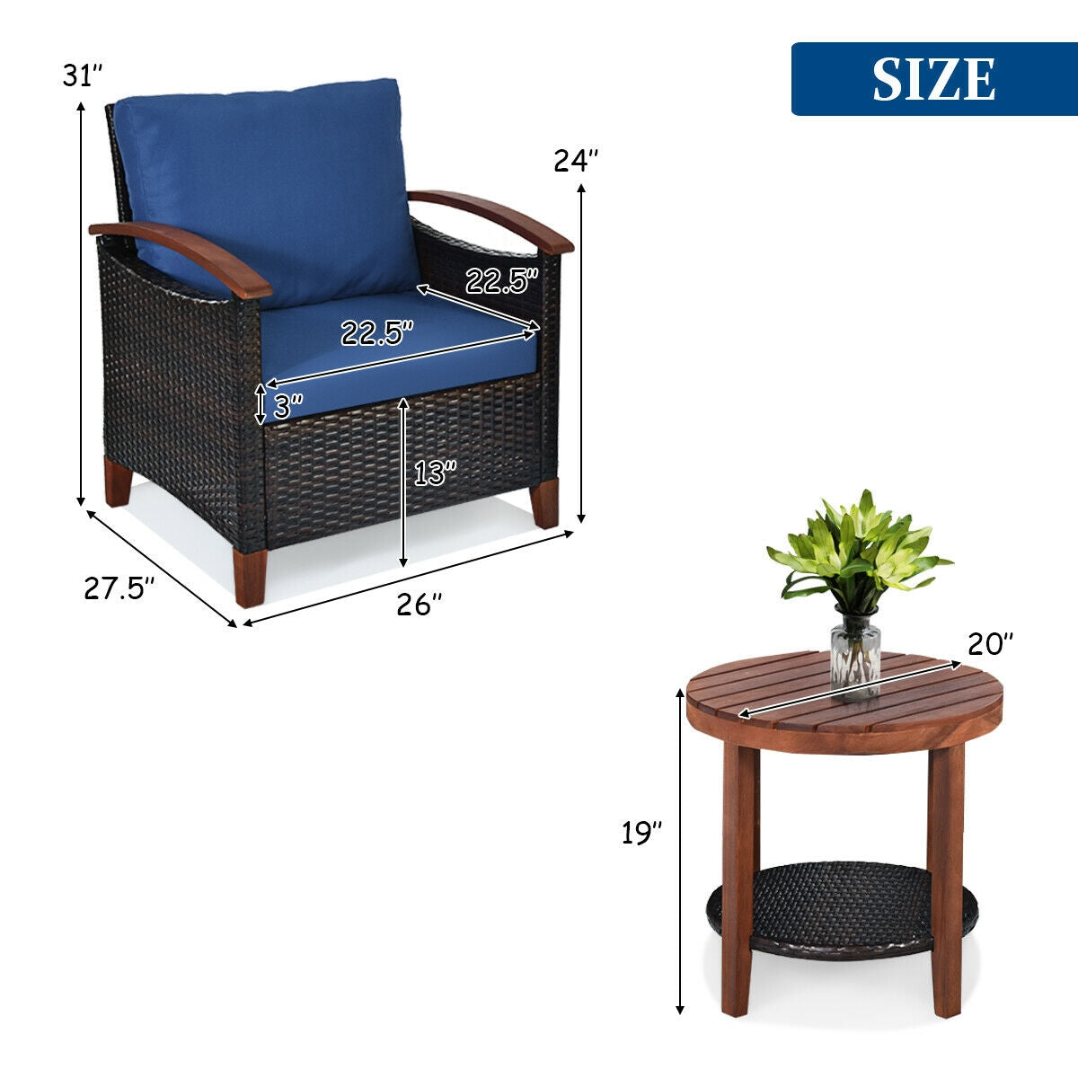 3 Pieces Patio Rattan Set with Washable Cushion and Acacia Tabletop