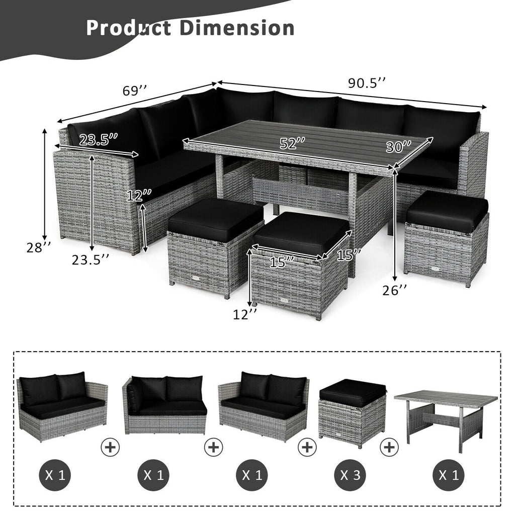 7 Pieces Patio Rattan Dining Sectional Sofa Set with Wicker Ottoman