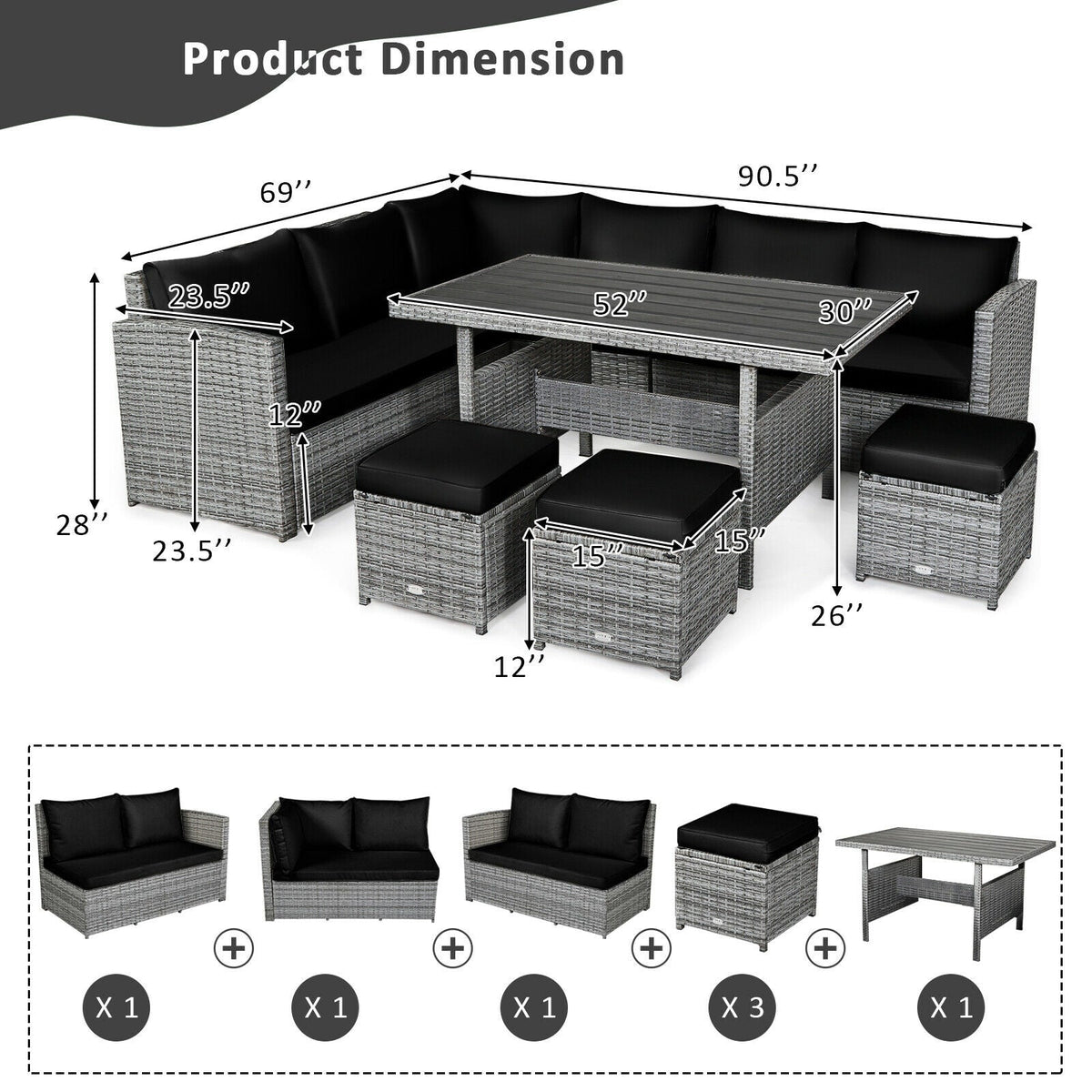 7 Pieces Patio Rattan Dining Sectional Sofa Set with Wicker Ottoman