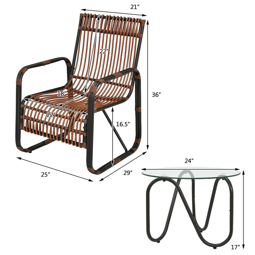 3 Pieces Patio Rattan Set with 2 Single Wicker Chairs and Glass Side Table
