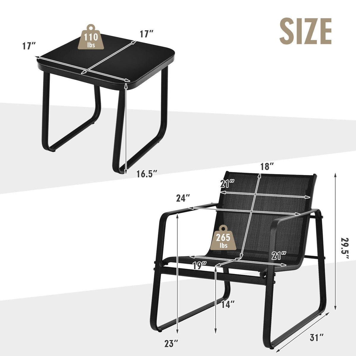 3 Pieces Patio Set with Glass Top Table Garden Deck-Black