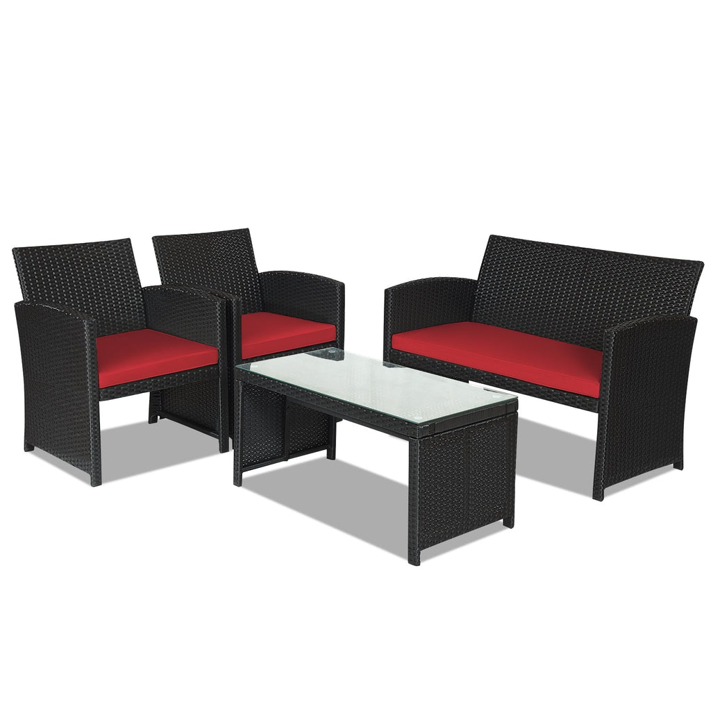 4 Pieces Rattan Patio Set with Weather Resistant Cushions and Glass Tabletop