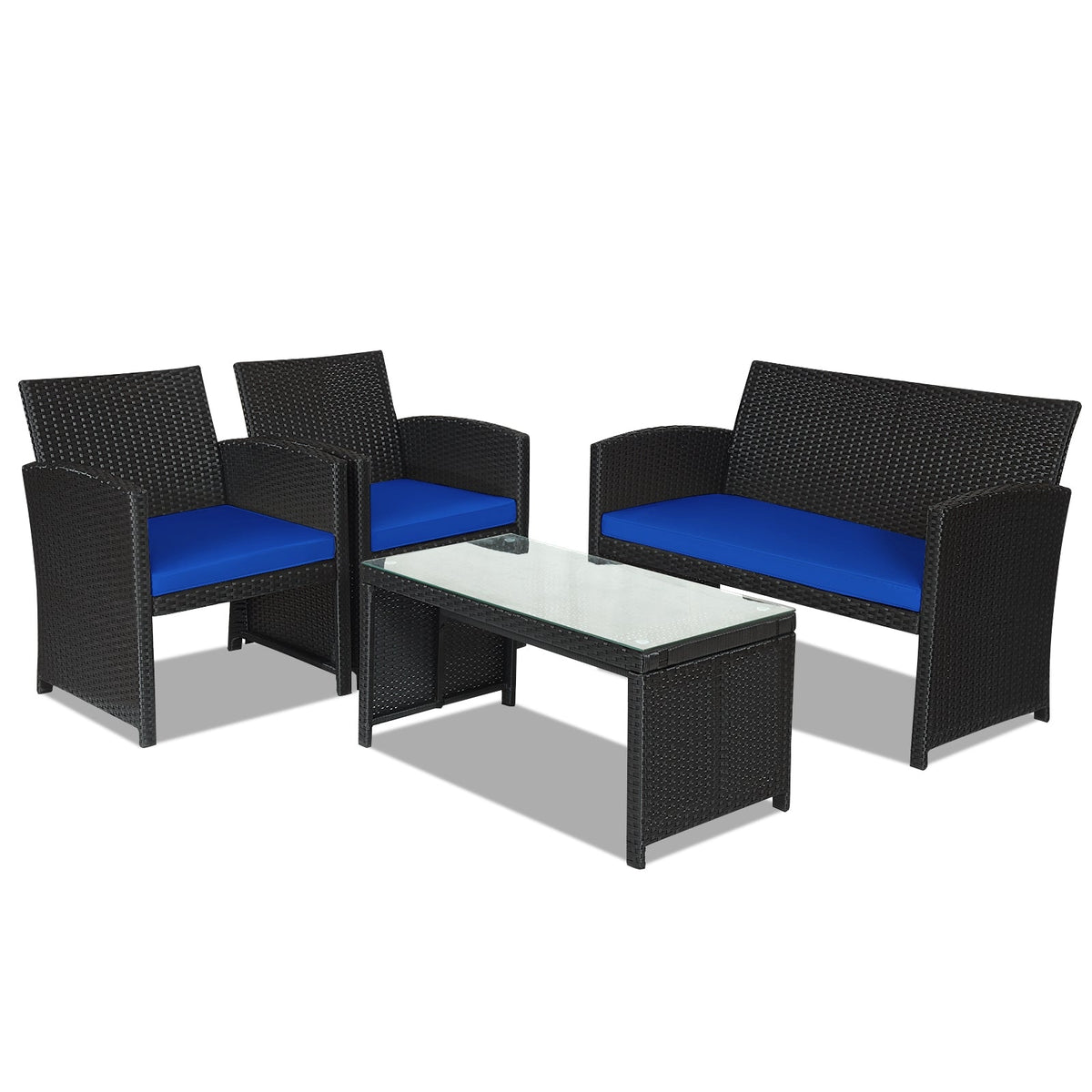 4 Pieces Rattan Patio Set with Weather Resistant Cushions and Glass Tabletop