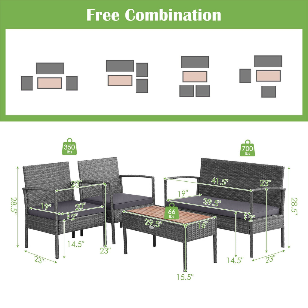 4 Pieces Rattan Patio Conversation Set with Acacia Wood Tabletop