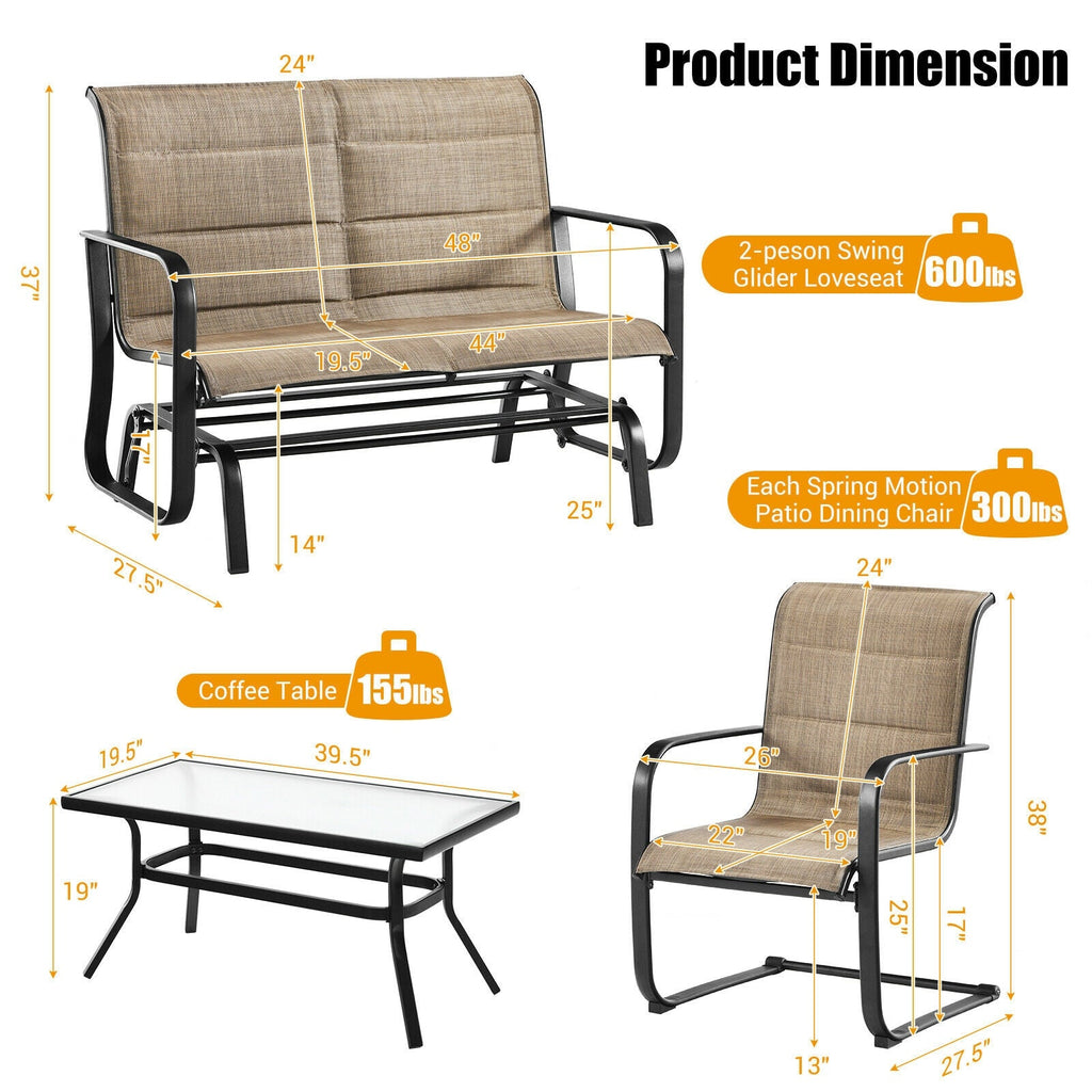 4 Pieces Patio Set with Padded Glider Loveseat and Coffee Table-Brown