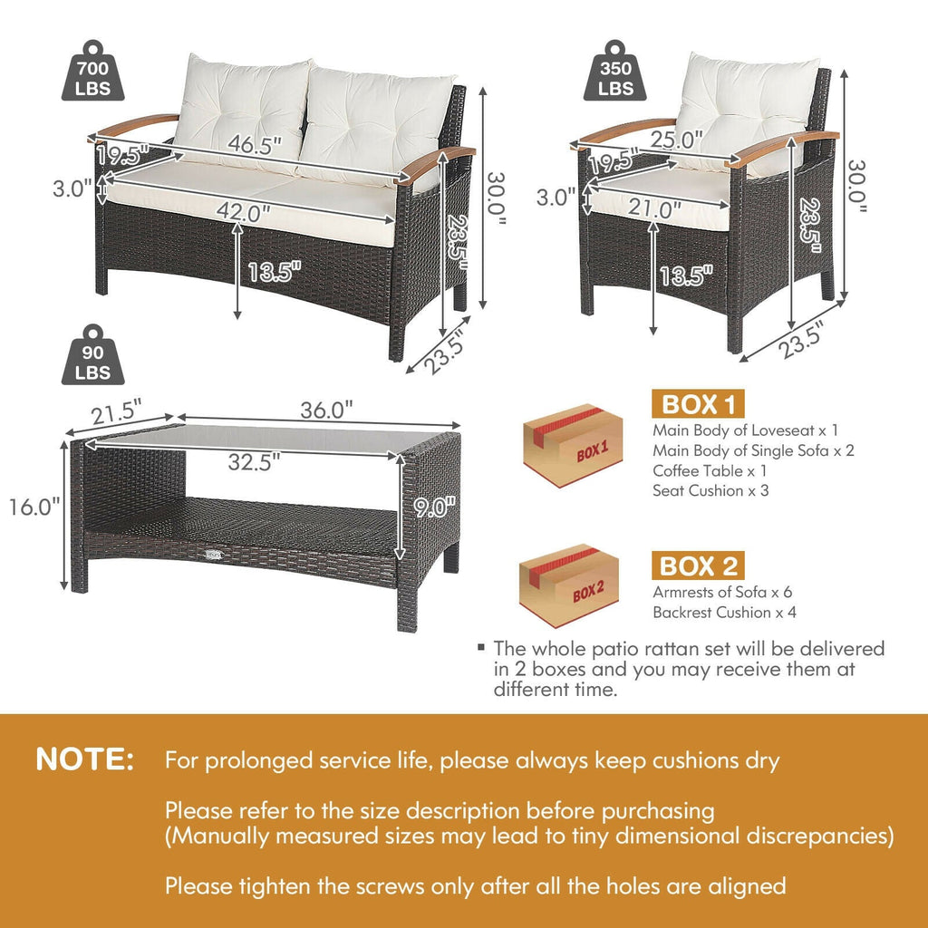 4 Pieces Patio Rattan Set with Cushioned Sofa and Storage Table