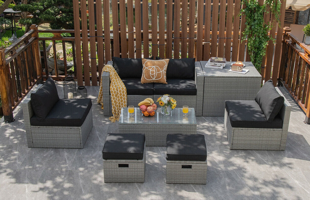 8 Pieces Patio Rattan Set with Storage Waterproof Cover and Cushion