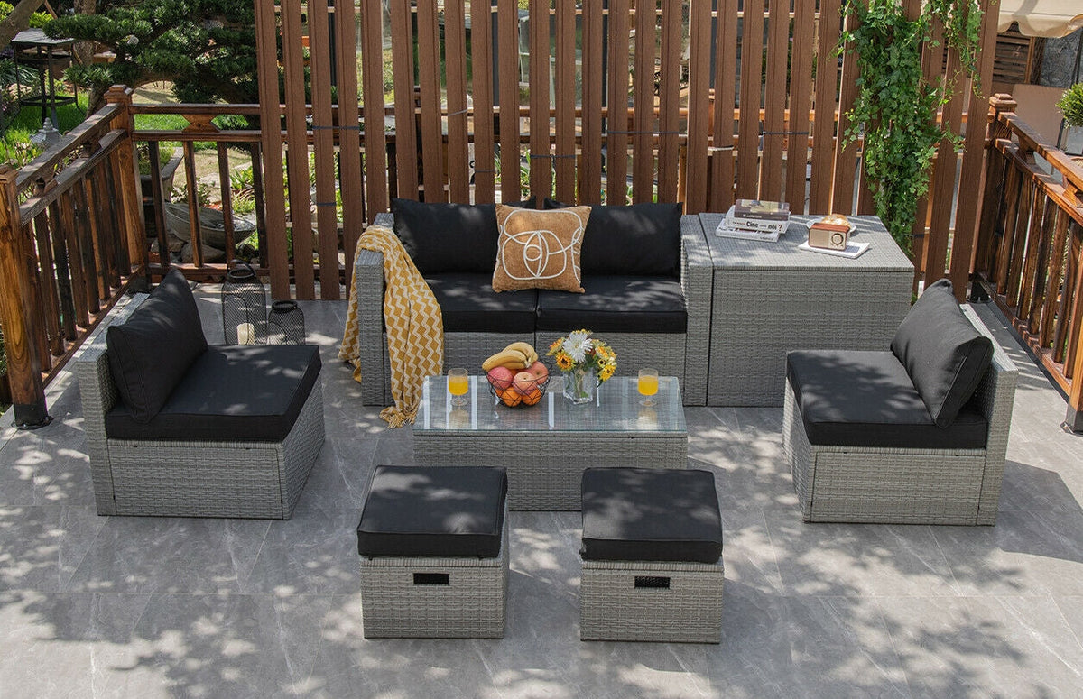 8 Pieces Patio Rattan Set with Storage Waterproof Cover and Cushion