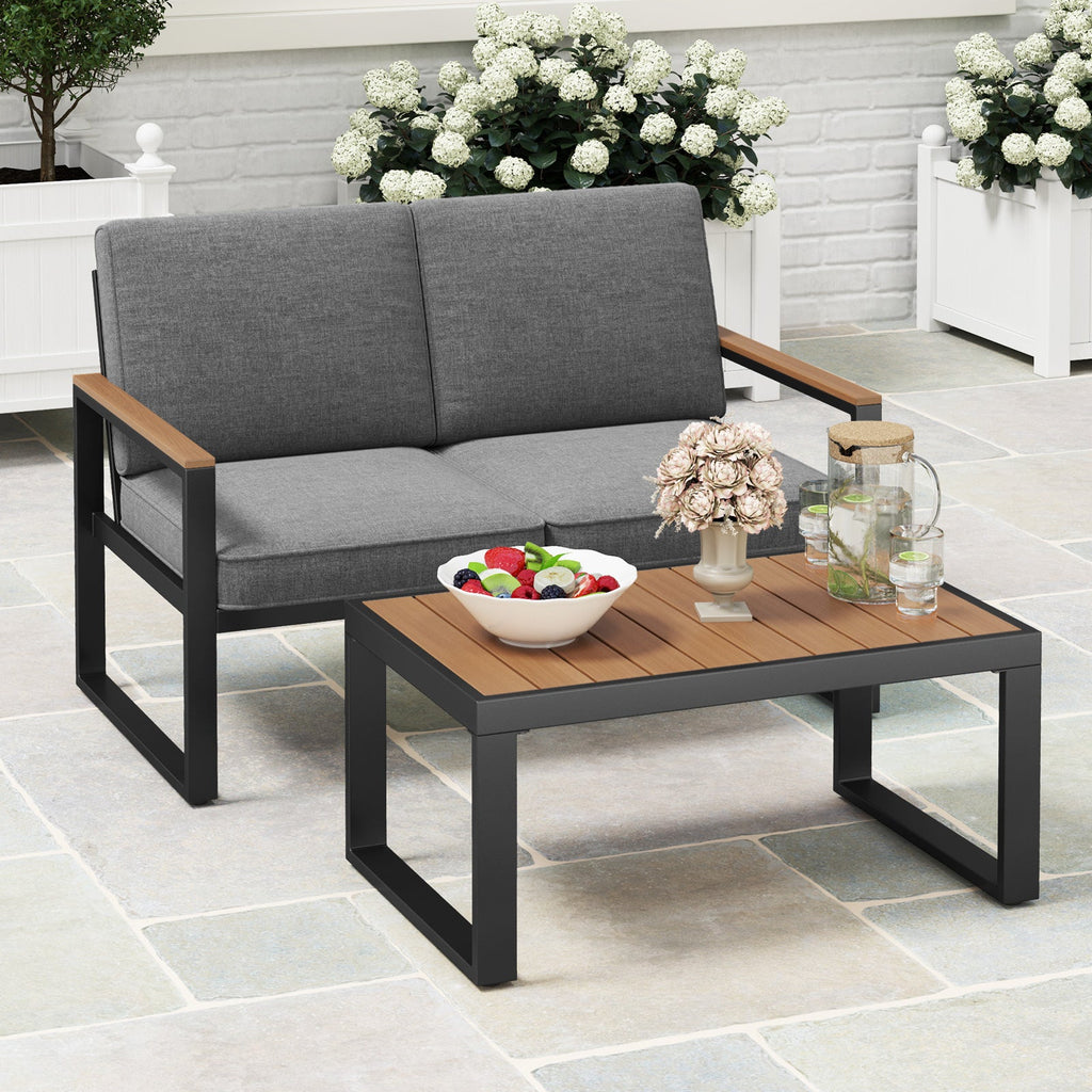 2 Piece Patio Aluminum Set with Wood-Plastic Armrests and Tabletop