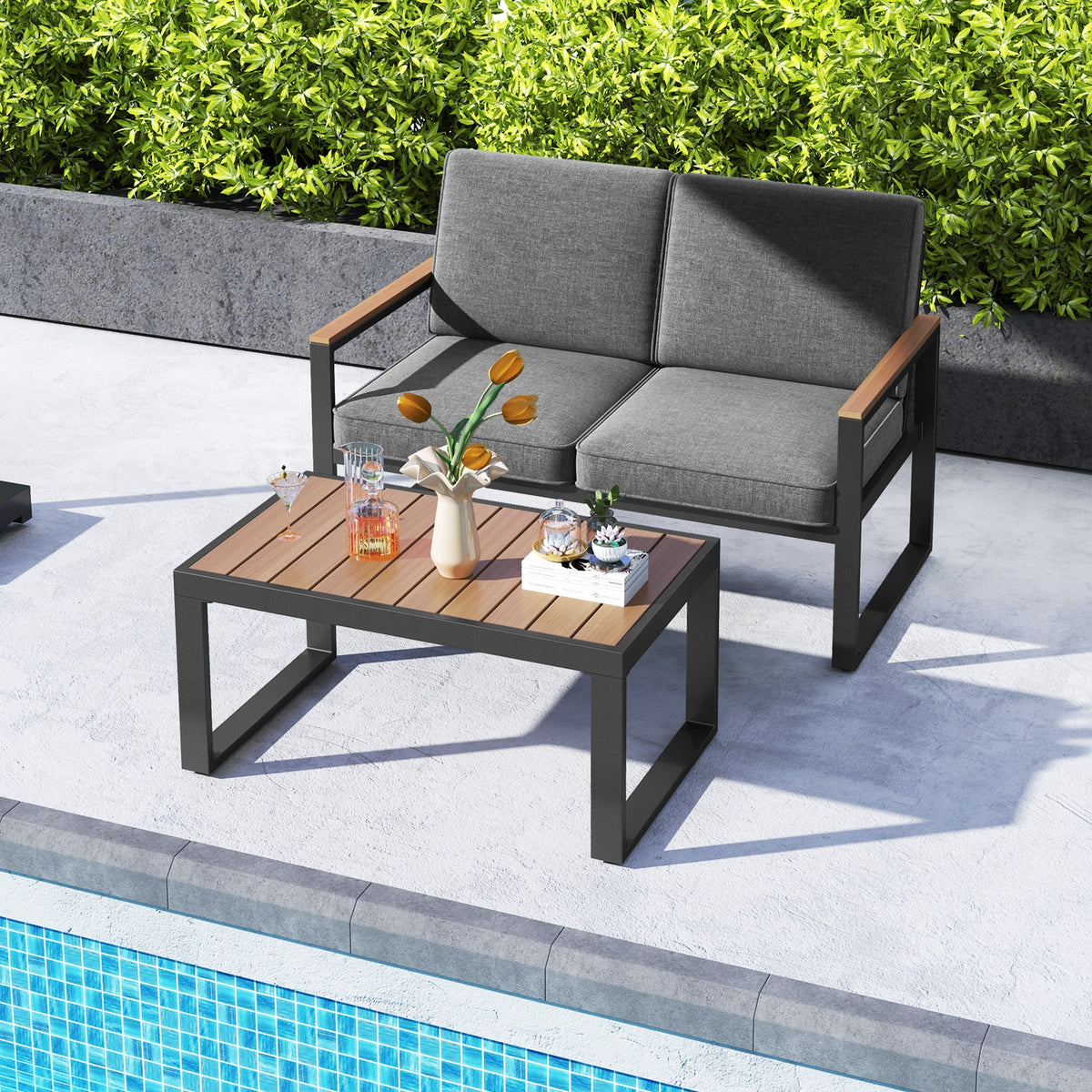 2 Piece Patio Aluminum Set with Wood-Plastic Armrests and Tabletop