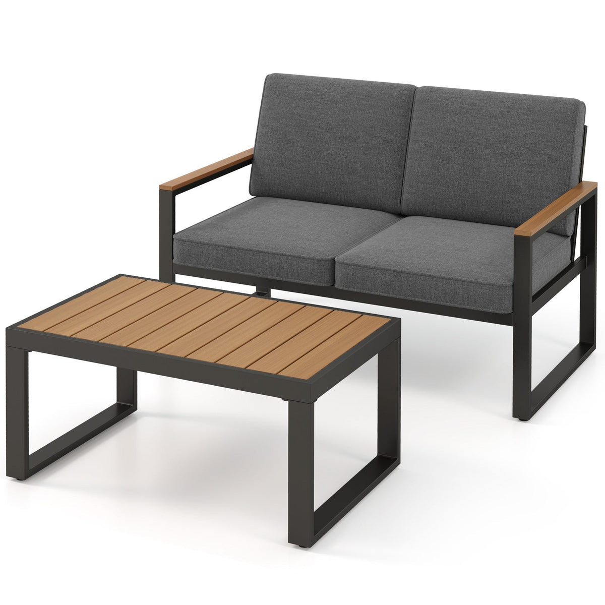 2 Piece Patio Aluminum Set with Wood-Plastic Armrests and Tabletop