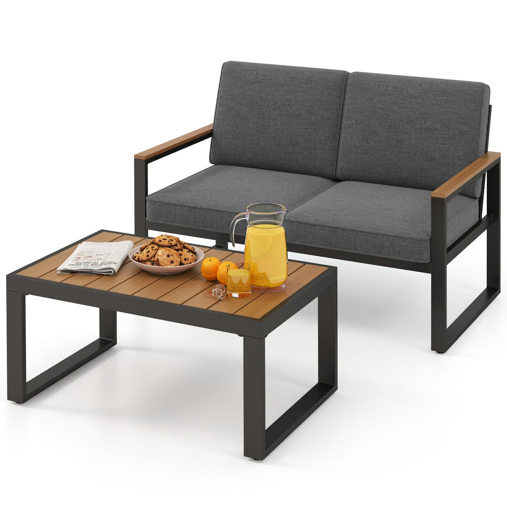 2 Piece Patio Aluminum Set with Wood-Plastic Armrests and Tabletop