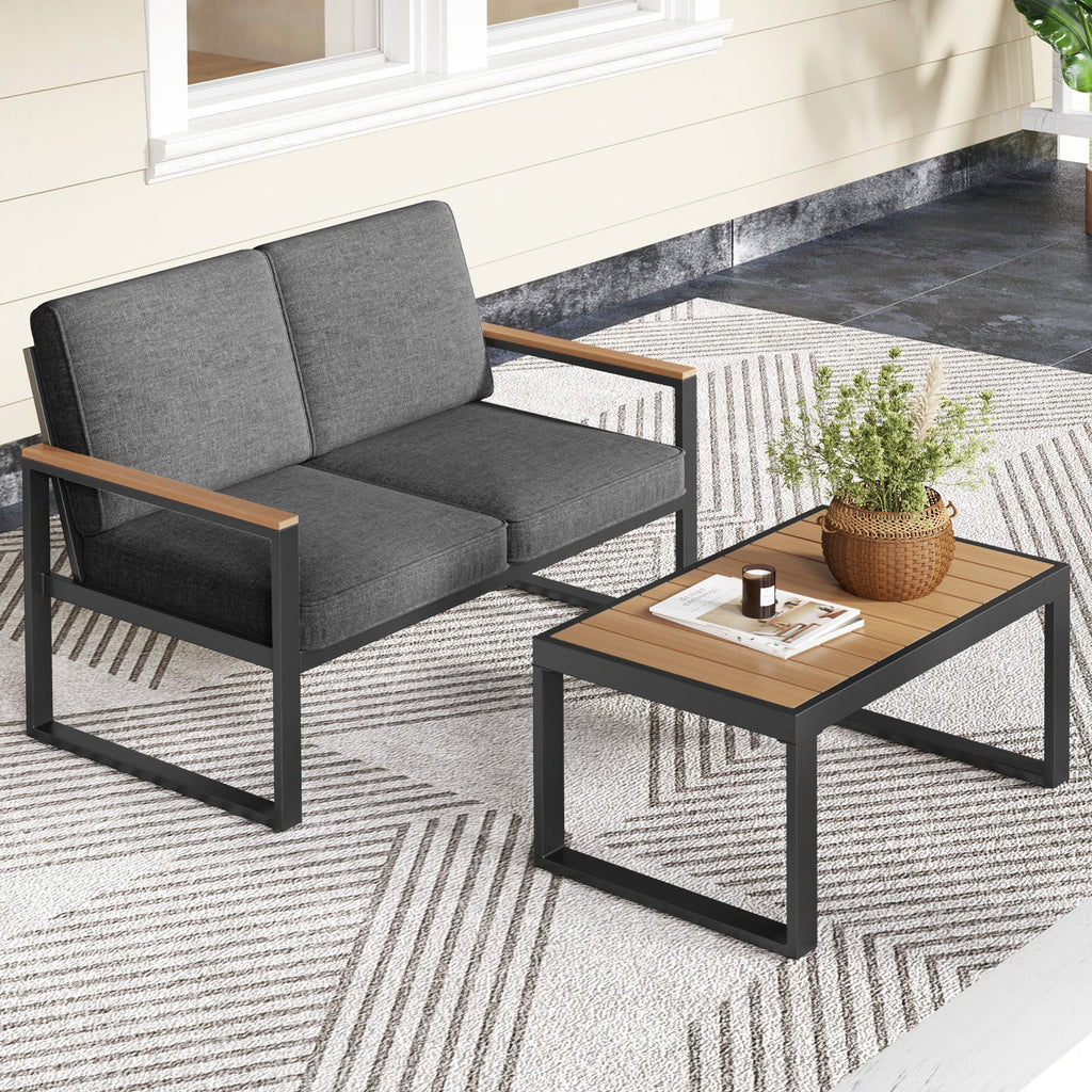 2 Piece Patio Aluminum Set with Wood-Plastic Armrests and Tabletop