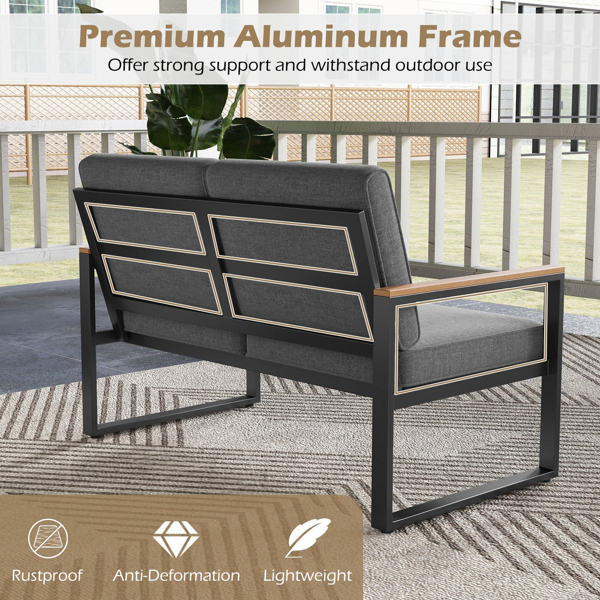 2 Piece Patio Aluminum Set with Wood-Plastic Armrests and Tabletop