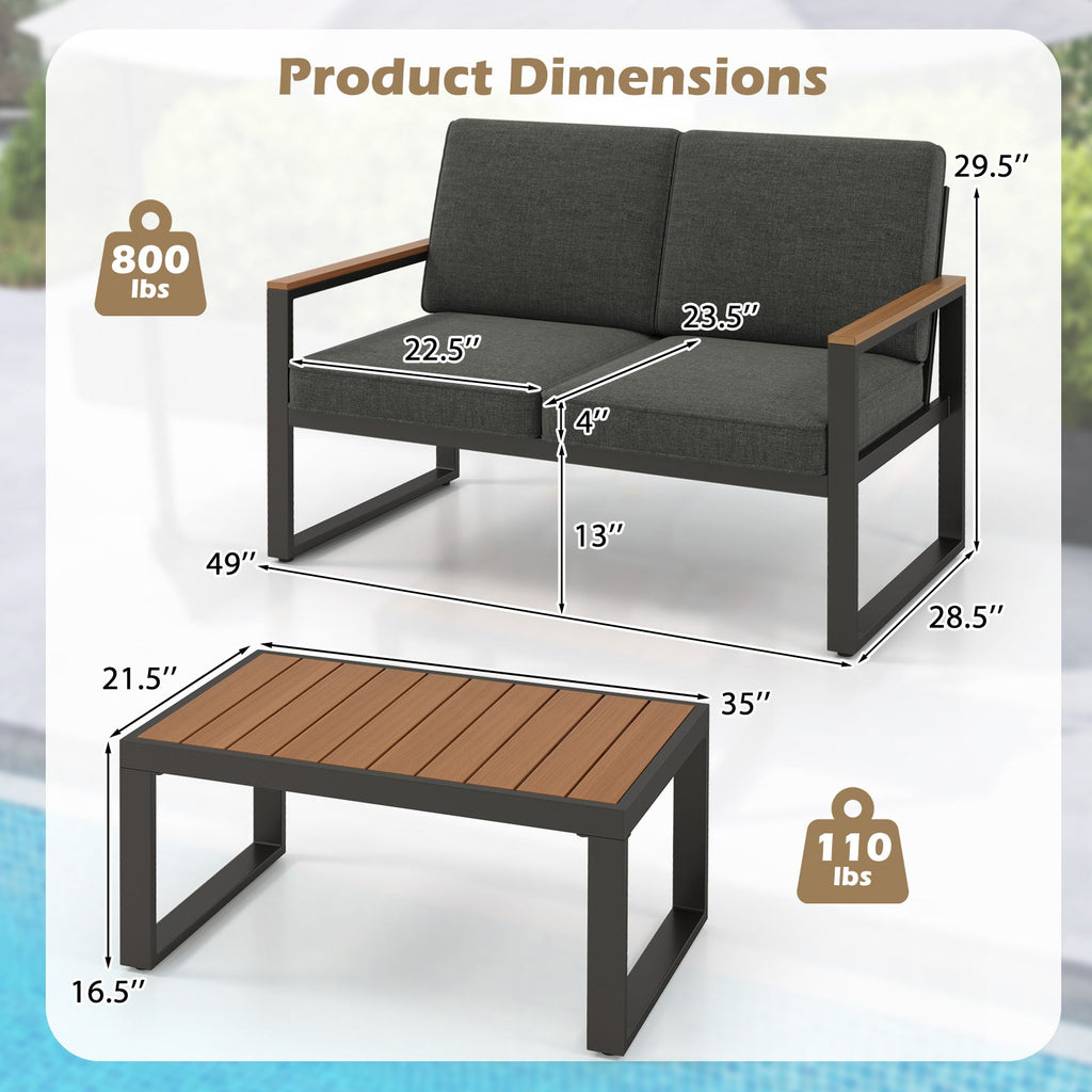 2 Piece Patio Aluminum Set with Wood-Plastic Armrests and Tabletop