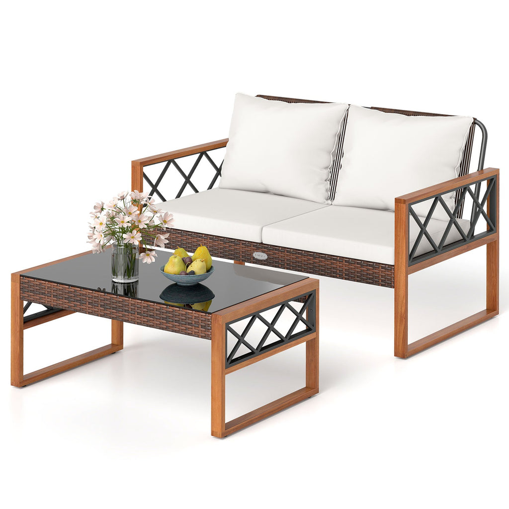 2 Pieces Patio Wicker Furniture Set for Porch-White