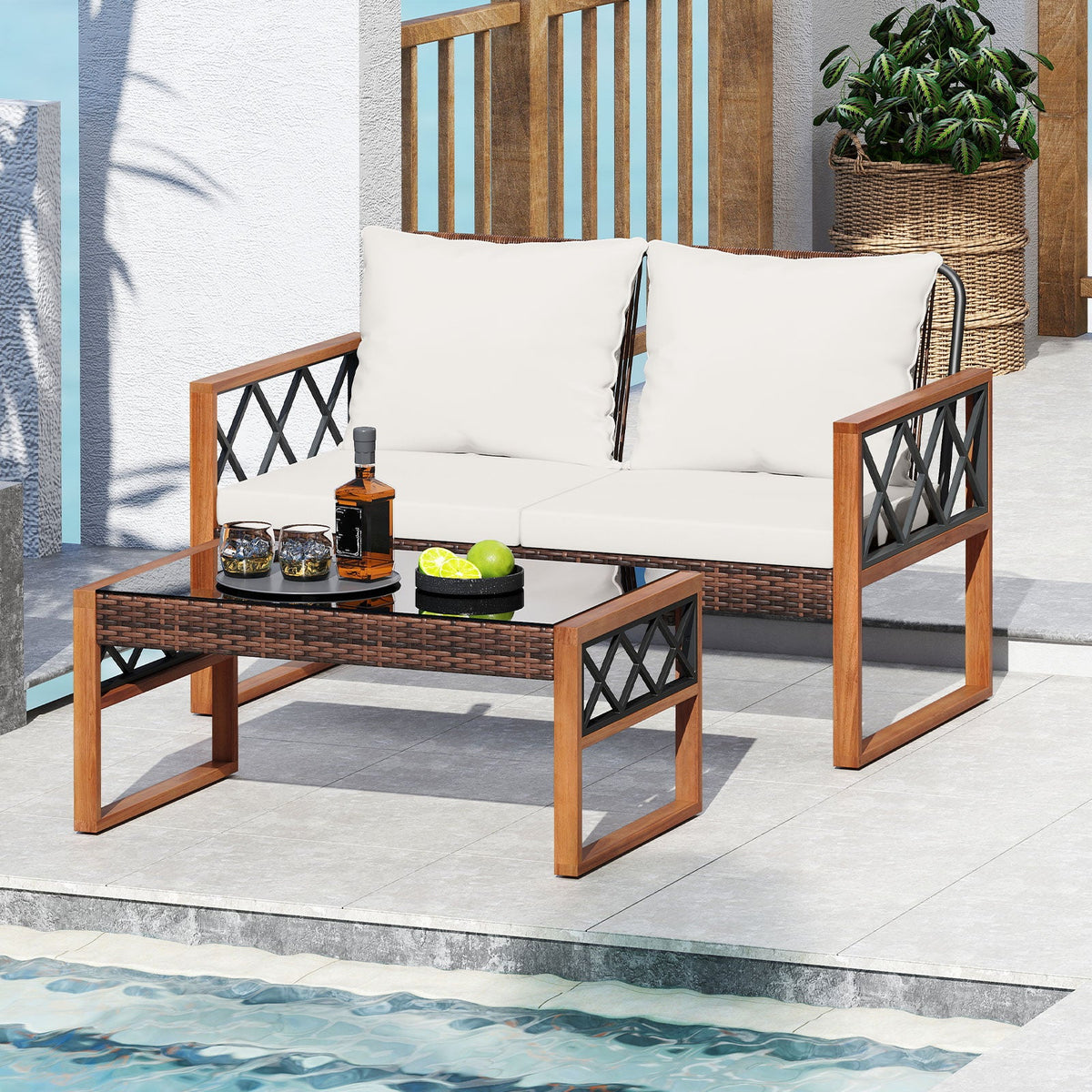 2 Pieces Patio Wicker Furniture Set for Porch-White