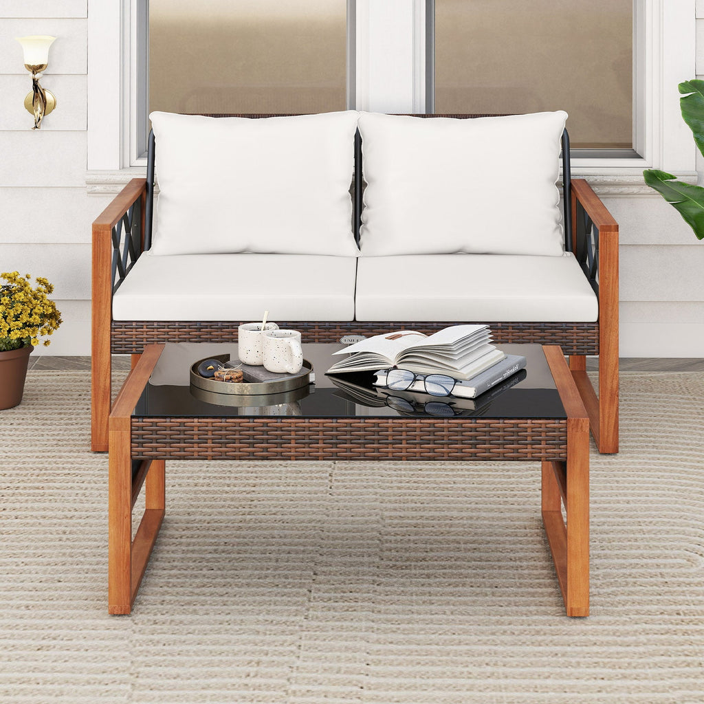 2 Pieces Patio Wicker Furniture Set for Porch-White