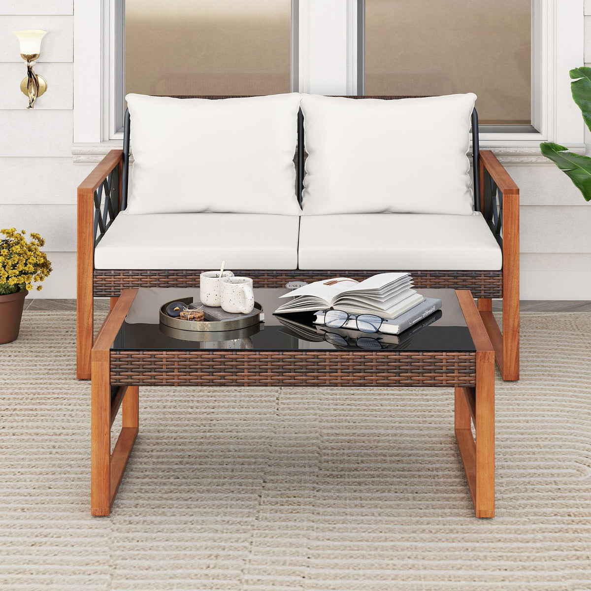 2 Pieces Patio Wicker Furniture Set for Porch-White