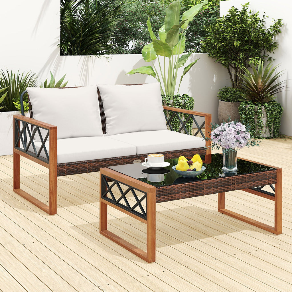 2 Pieces Patio Wicker Furniture Set for Porch-White