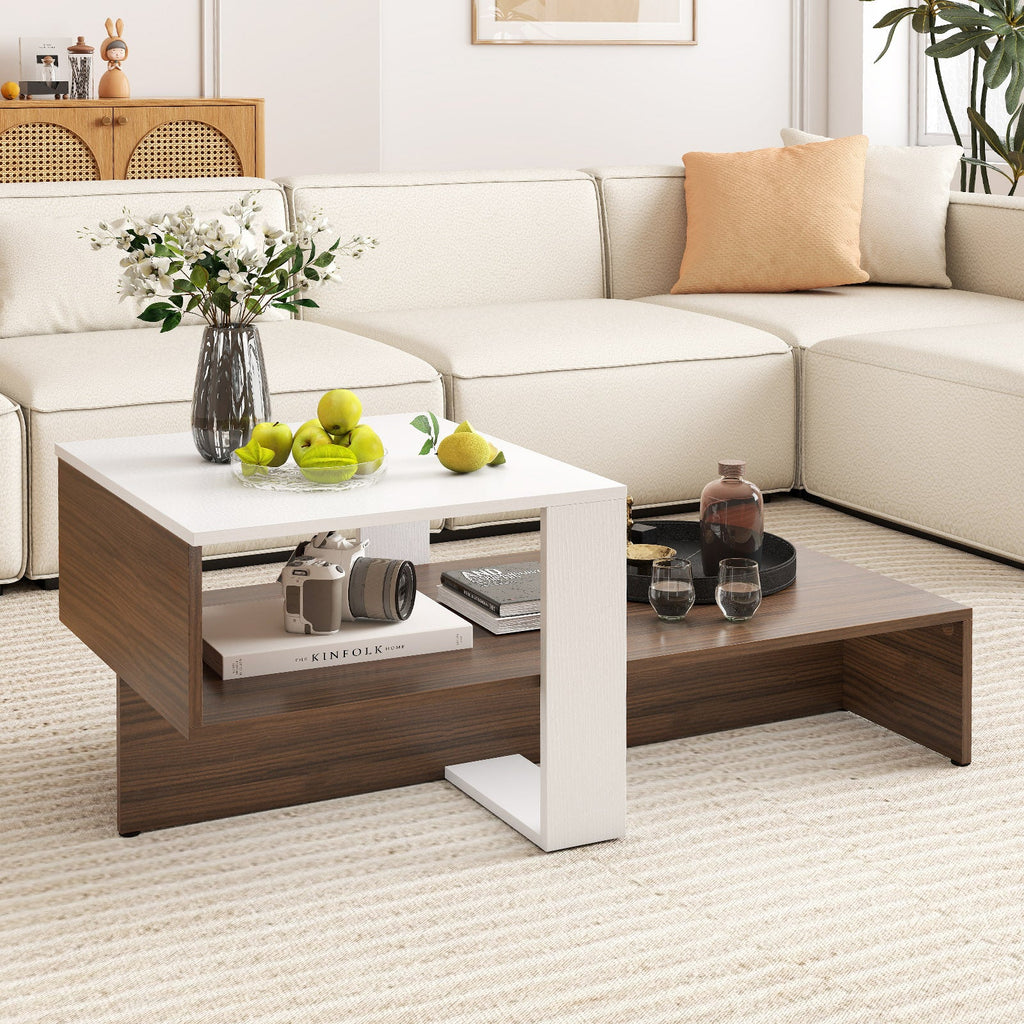 2-Tier Geometric Coffee Table with Storage Shelves