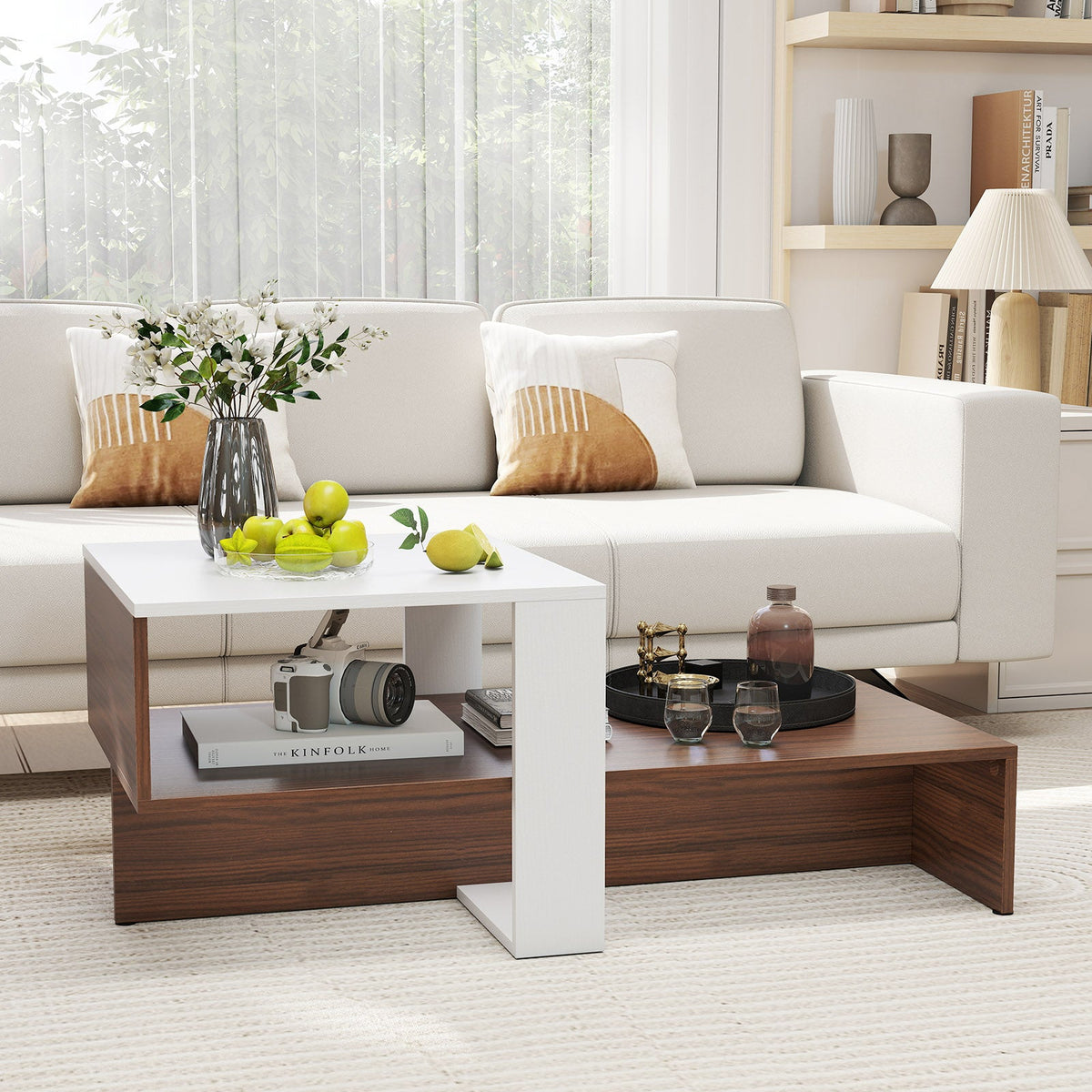 2-Tier Geometric Coffee Table with Storage Shelves
