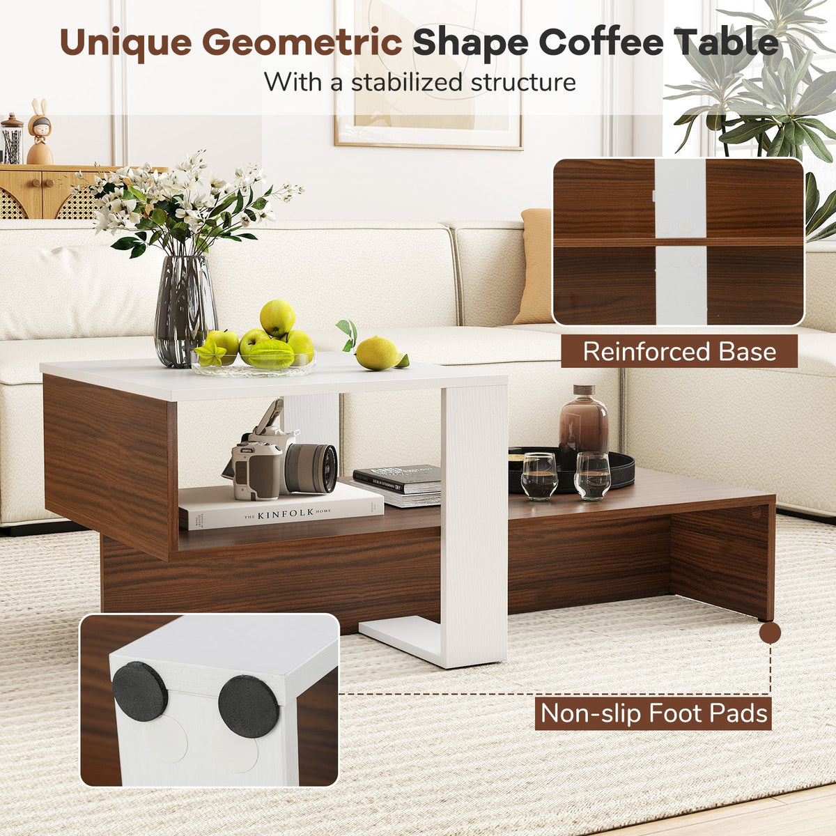 2-Tier Geometric Coffee Table with Storage Shelves