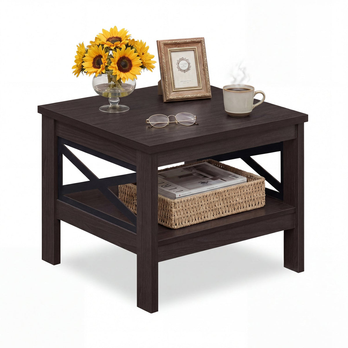 2-Tier Square Side Table with Storage Shelf and X-Frame