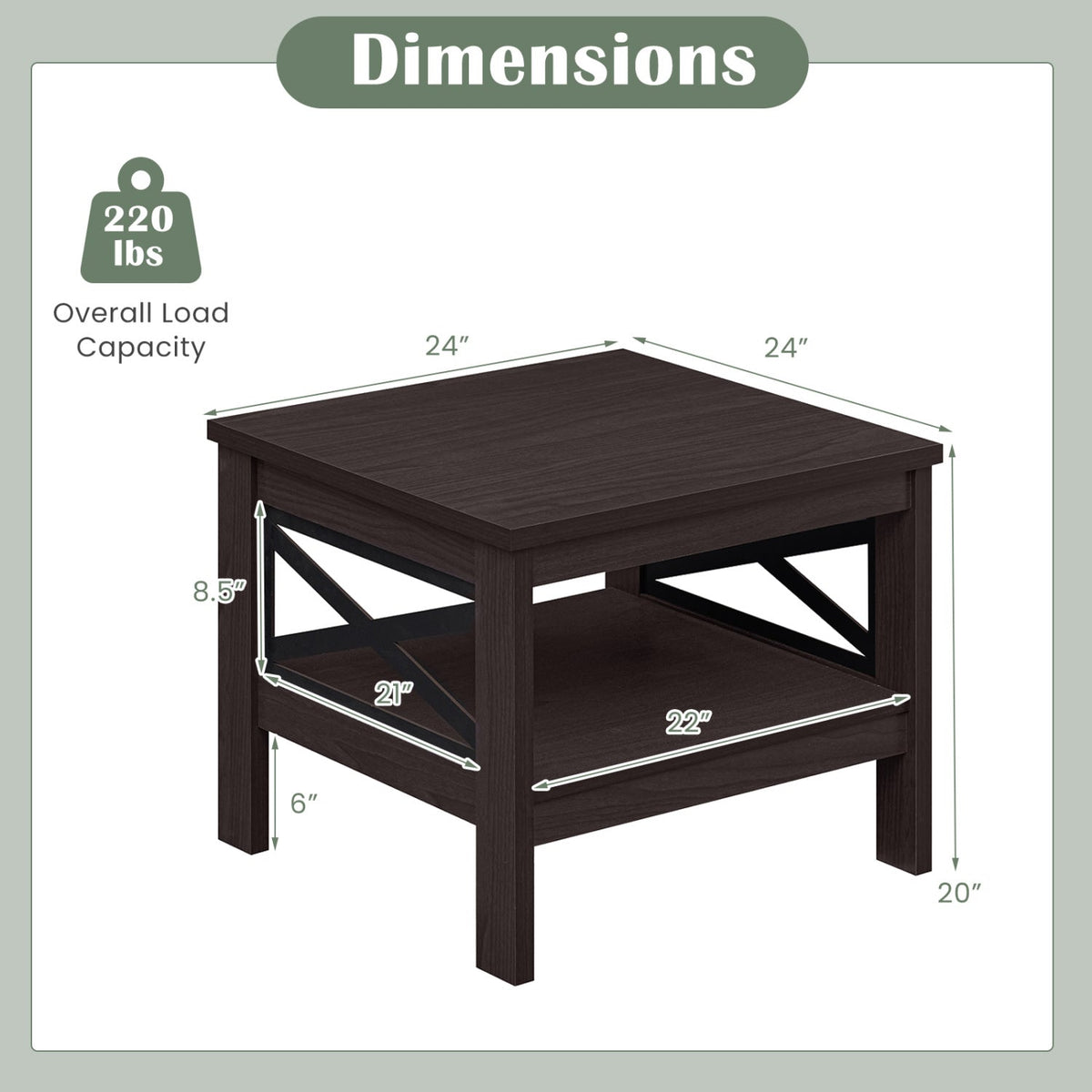 2-Tier Square Side Table with Storage Shelf and X-Frame