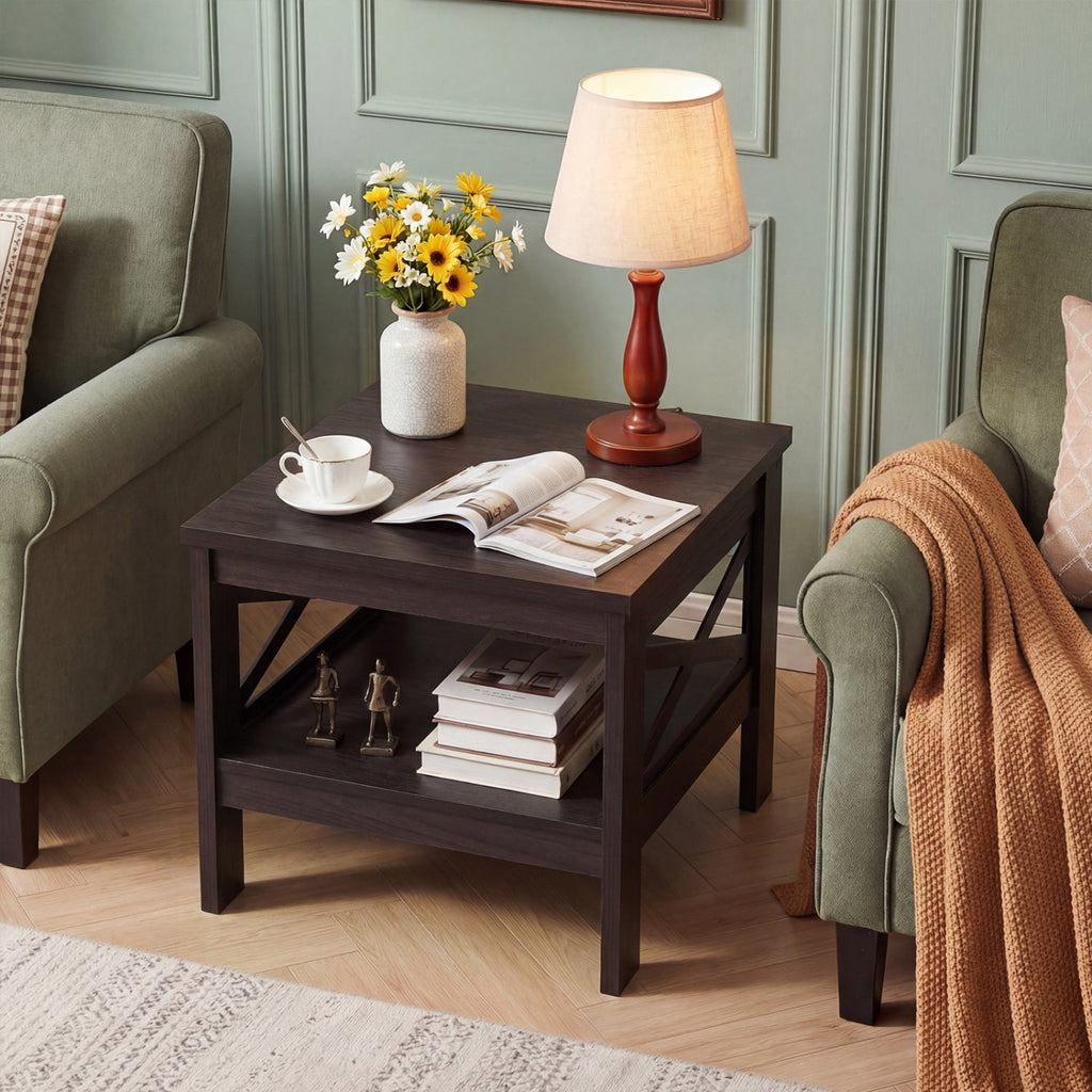 2-Tier Square Side Table with Storage Shelf and X-Frame