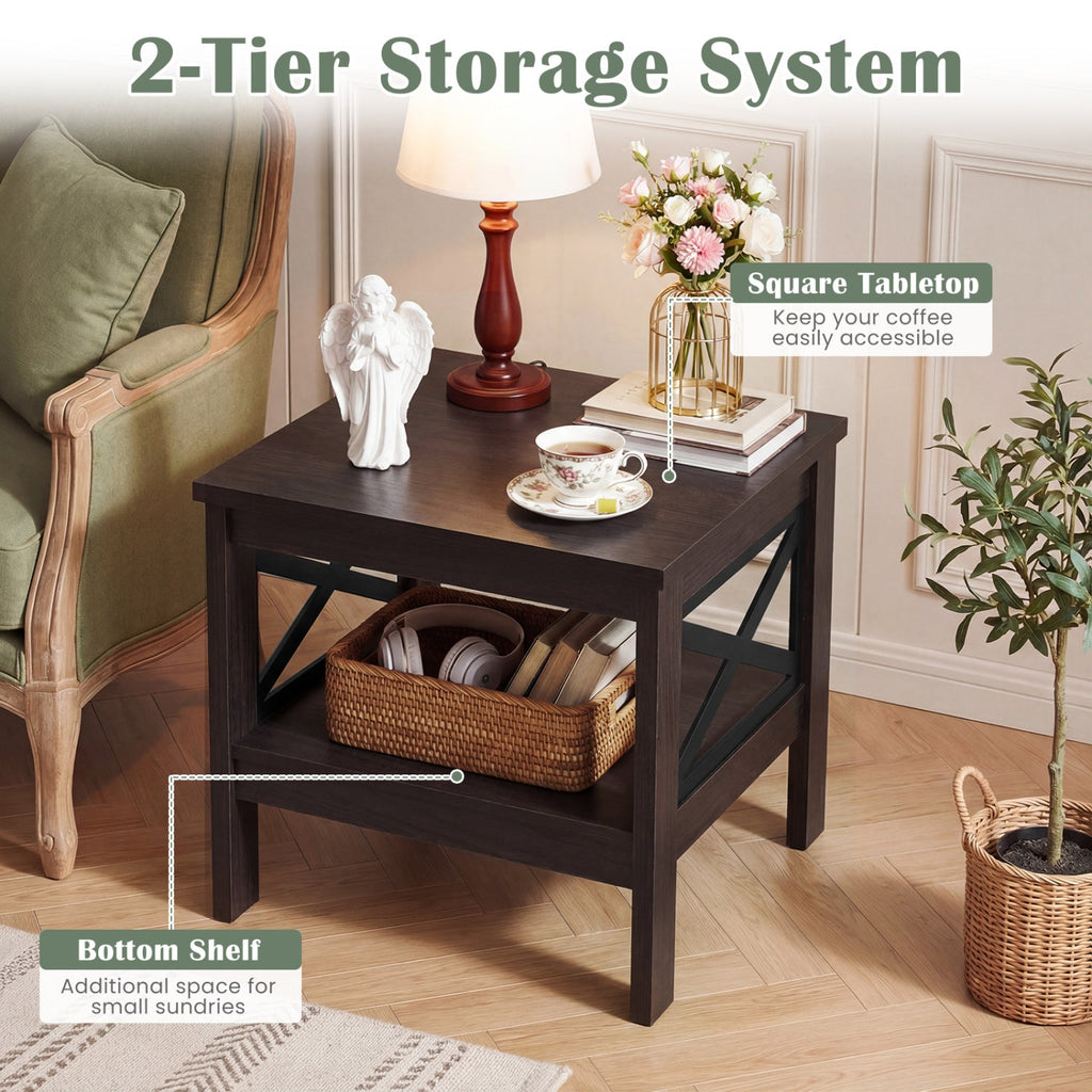 2-Tier Square Side Table with Storage Shelf and X-Frame