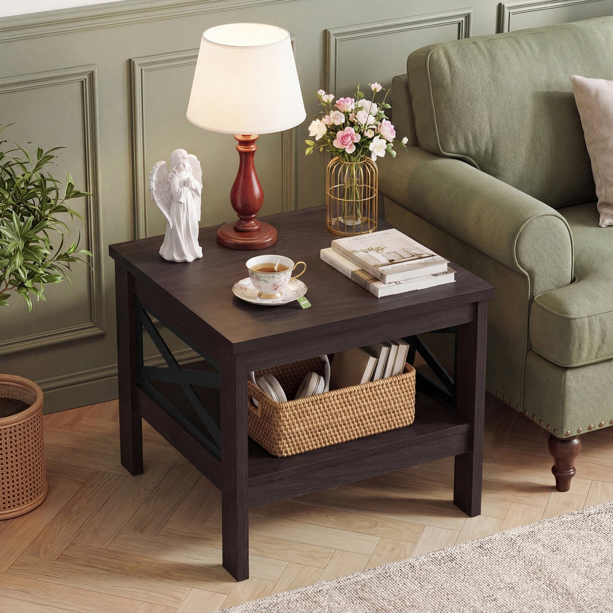2-Tier Square Side Table with Storage Shelf and X-Frame