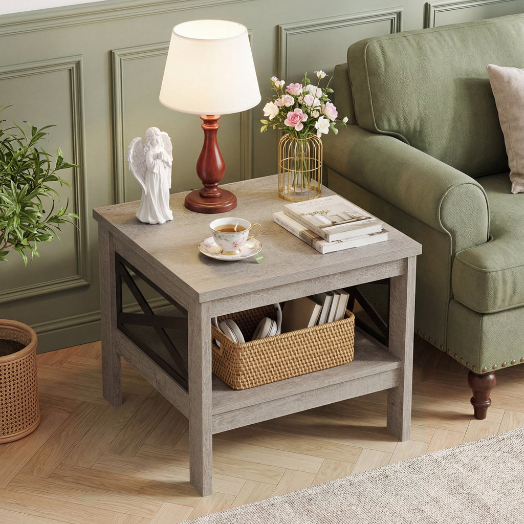 2-Tier Square Side Table with Storage Shelf and X-Frame