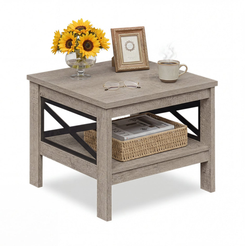 2-Tier Square Side Table with Storage Shelf and X-Frame