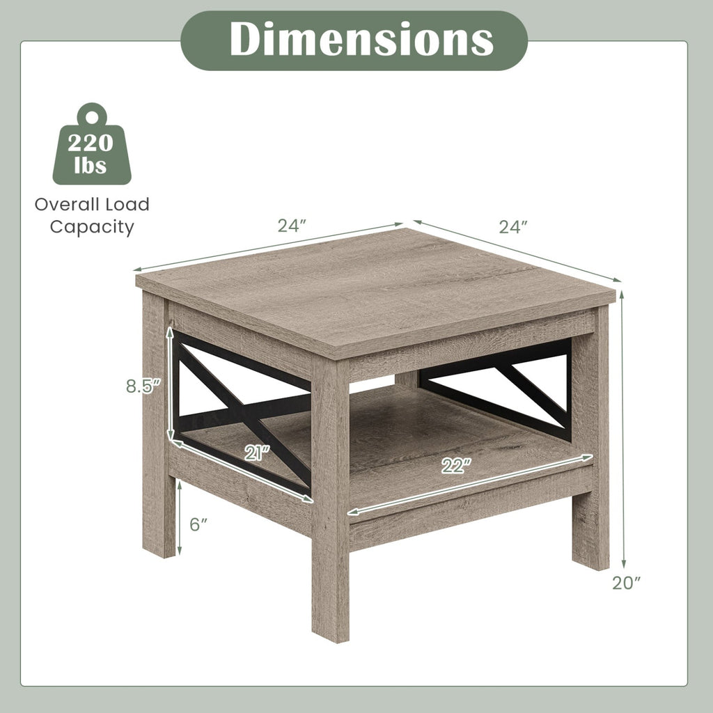 2-Tier Square Side Table with Storage Shelf and X-Frame