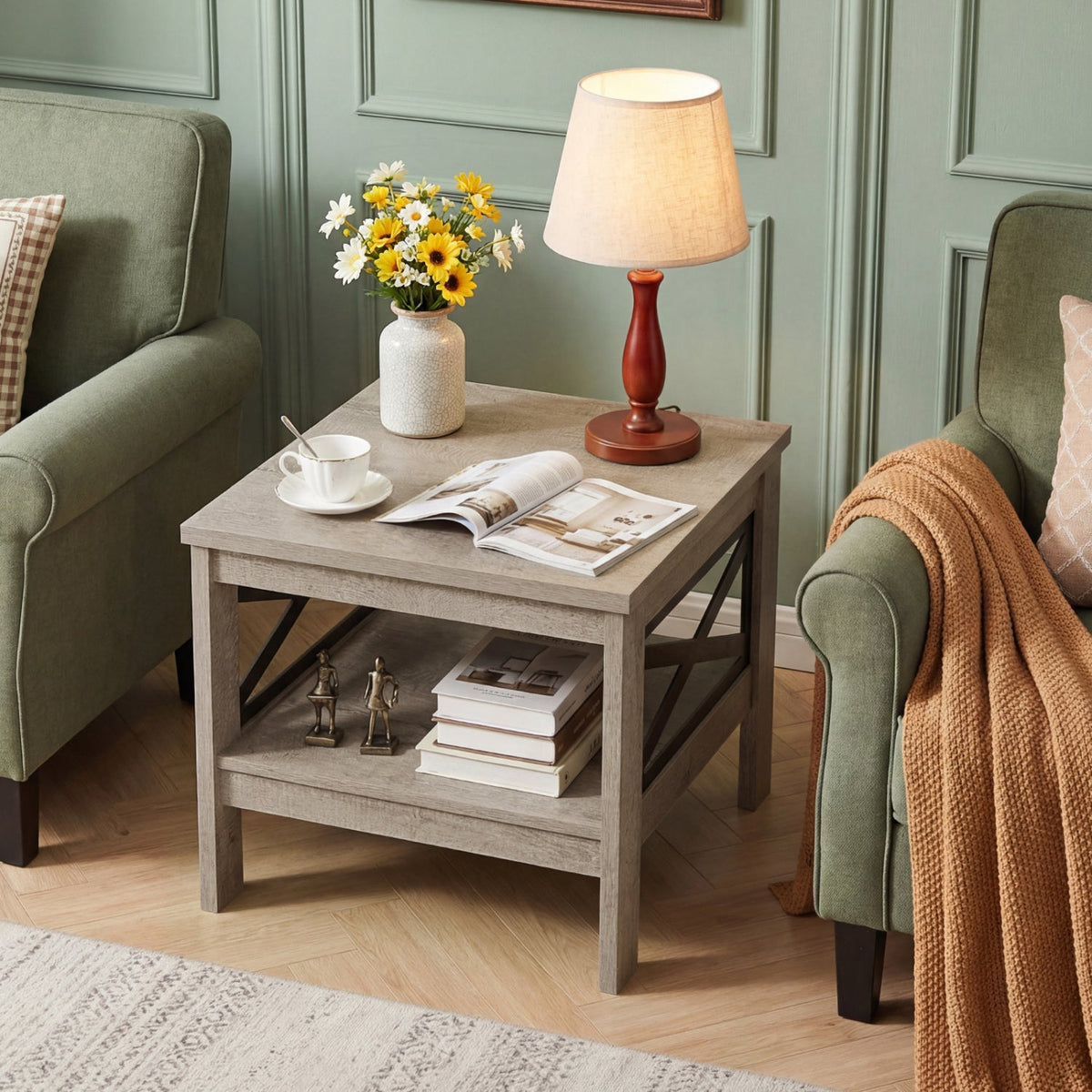 2-Tier Square Side Table with Storage Shelf and X-Frame