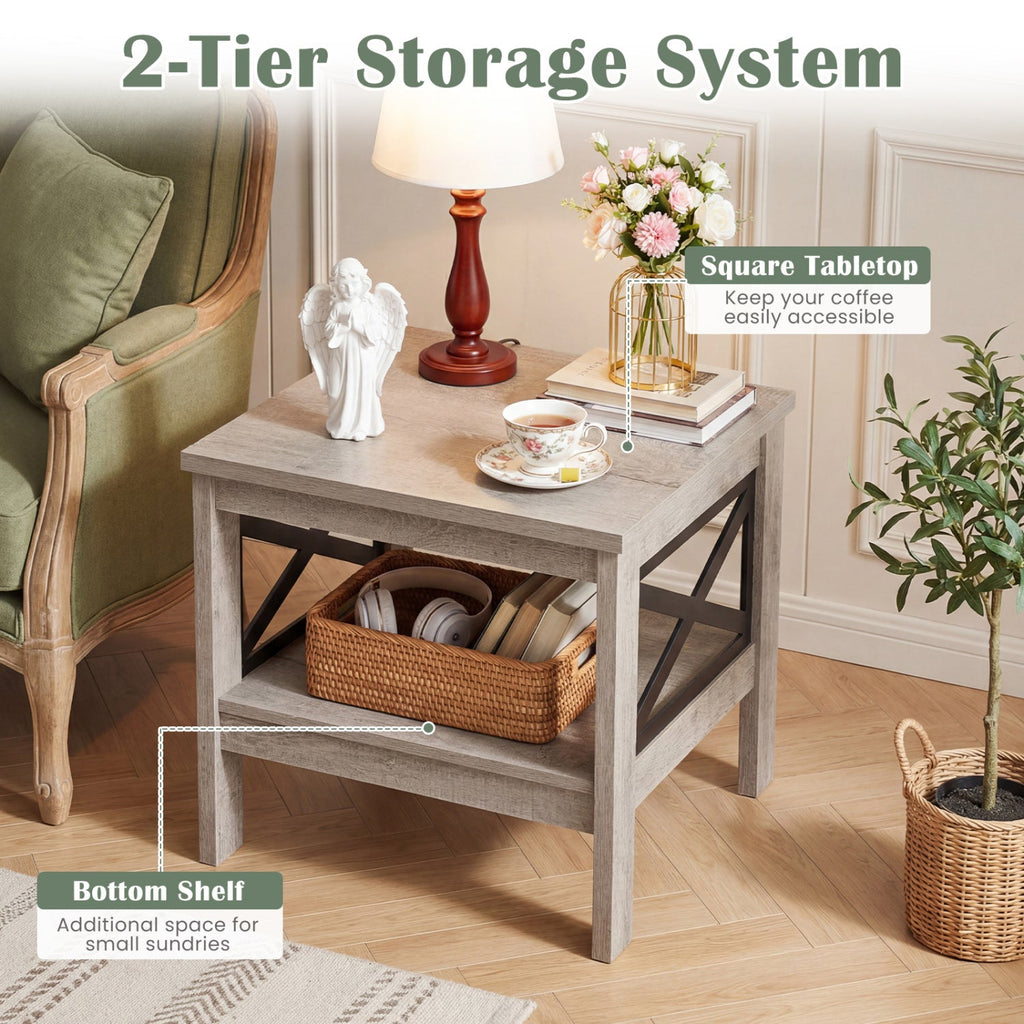 2-Tier Square Side Table with Storage Shelf and X-Frame