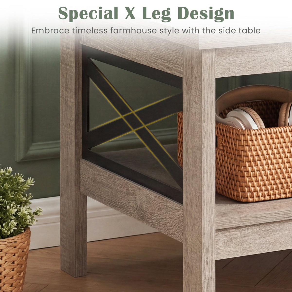 2-Tier Square Side Table with Storage Shelf and X-Frame